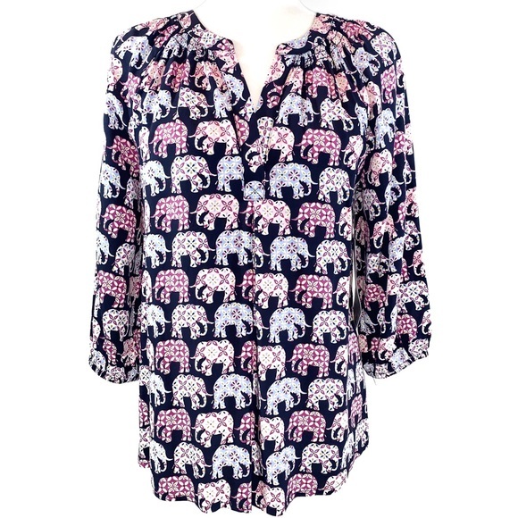 Crown & Ivy size S navy & pink elephant print 3/4 sleeve V-neck pullover blouse - Picture 1 of 12